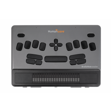 Top view of a HumanWare BrailleNote evolve with control buttons and a braille display.