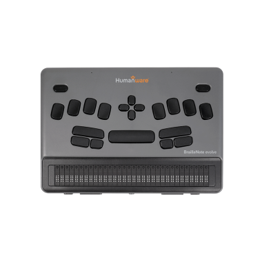 Top view of a HumanWare BrailleNote evolve with control buttons and a braille display.