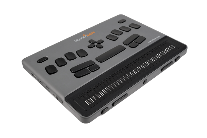 Angled view of a HumanWare BrailleNote evolve showing the braille display and control buttons.