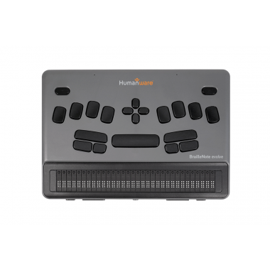 Top view of a HumanWare BrailleNote evolve with control buttons and a braille display.