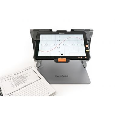 The Connect 12 smart portable magnifier viewing an online document of a math graph next to a textbook.