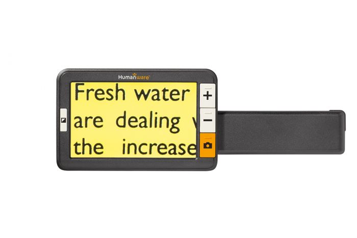 Image of exploré 5 with the folding handle opened showing the magnifier's on-screen color contrast option of black text on a yellow background.