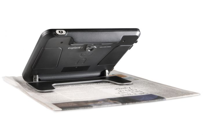 Image of the exploré 8's back shows the built-in stand, polarized LED lights, and two cameras used for near and distance viewing.