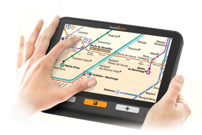 Image showing the finger pinch movement to demonstrate image enlargement of a map on the exploré 8 touch screen.